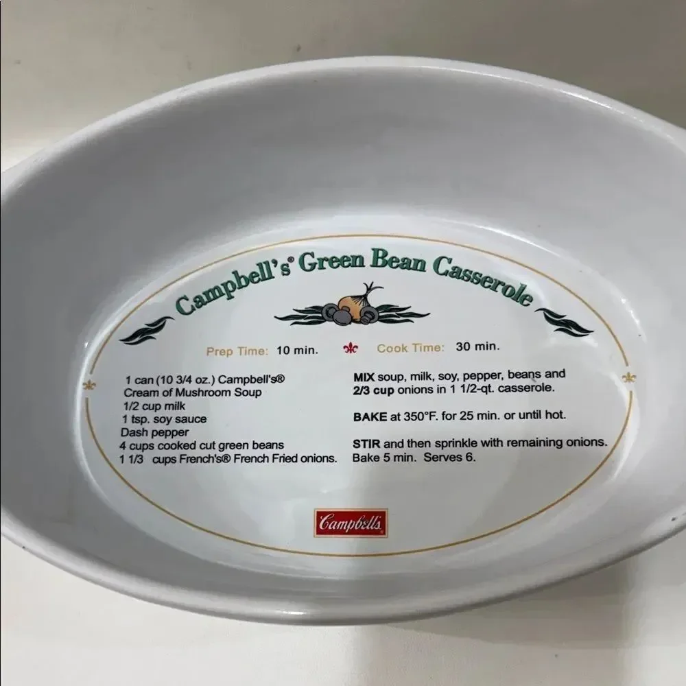 Campbell's 2009 White Green Bean Recipe Casserole Dish Bake Serve 9 3/4 In X 7